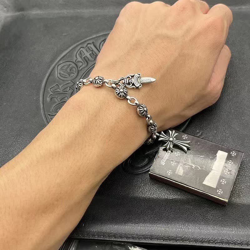Chrome Hearts Silver Cross and Floral Bead Bracelet